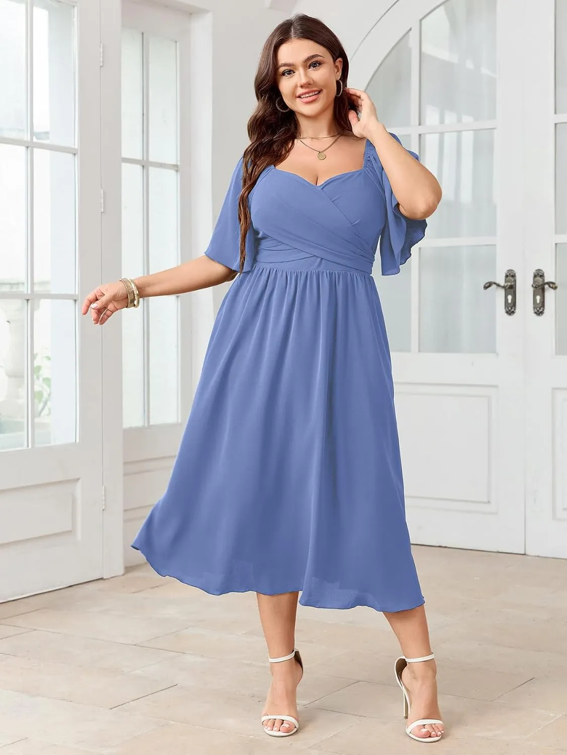 Women's Plus Size Midi Dress Sweetheart Neck Short Sleeve Wedding Guest Cocktail A Line Flowy Dress
