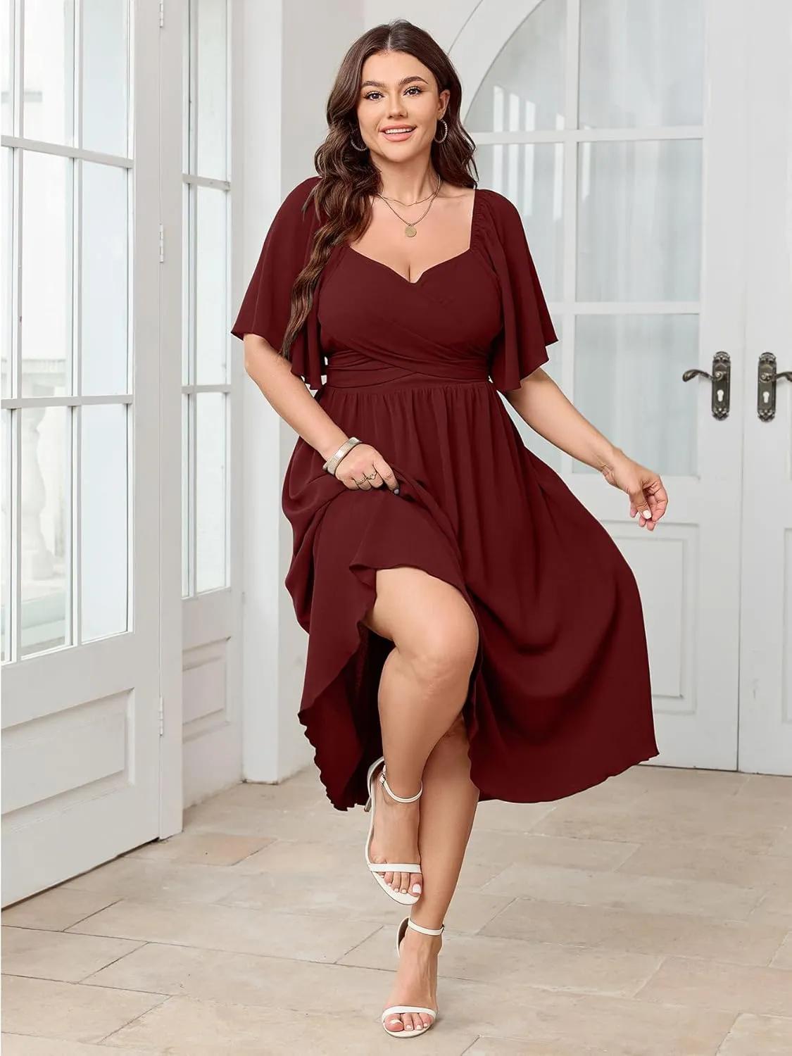 Women's Plus Size Midi Dress Sweetheart Neck Short Sleeve Wedding Guest Cocktail A Line Flowy Dress