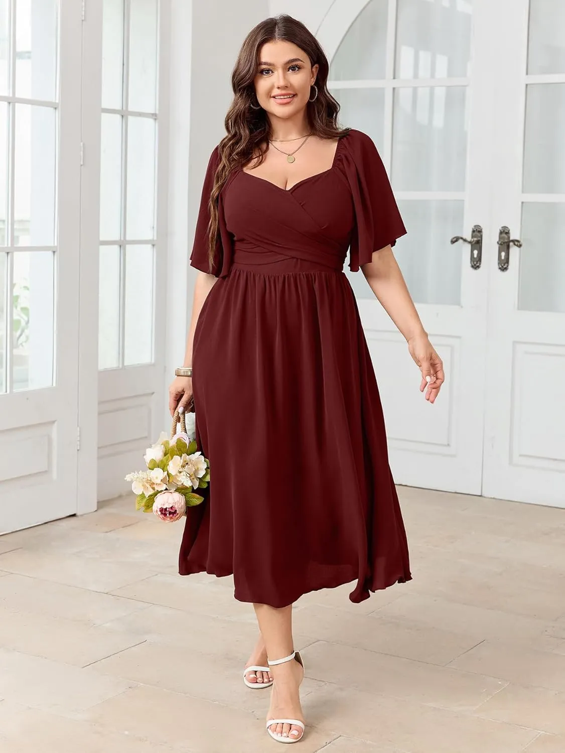 Women's Plus Size Midi Dress Sweetheart Neck Short Sleeve Wedding Guest Cocktail A Line Flowy Dress