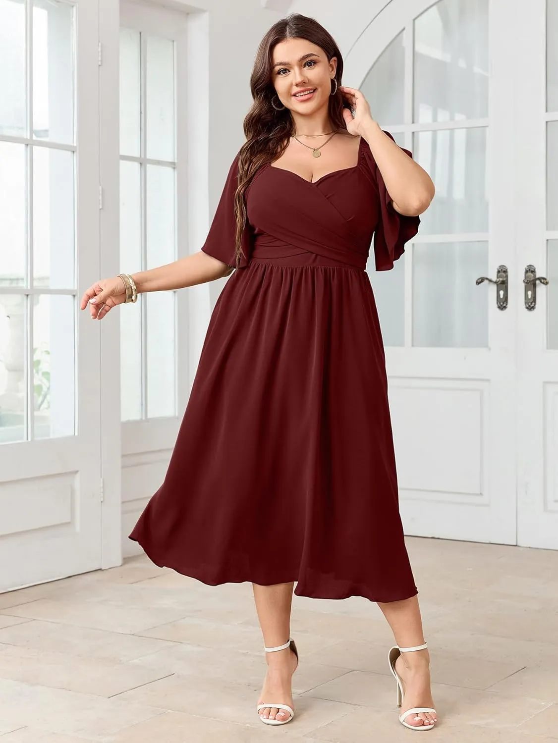 Women's Plus Size Midi Dress Sweetheart Neck Short Sleeve Wedding Guest Cocktail A Line Flowy Dress