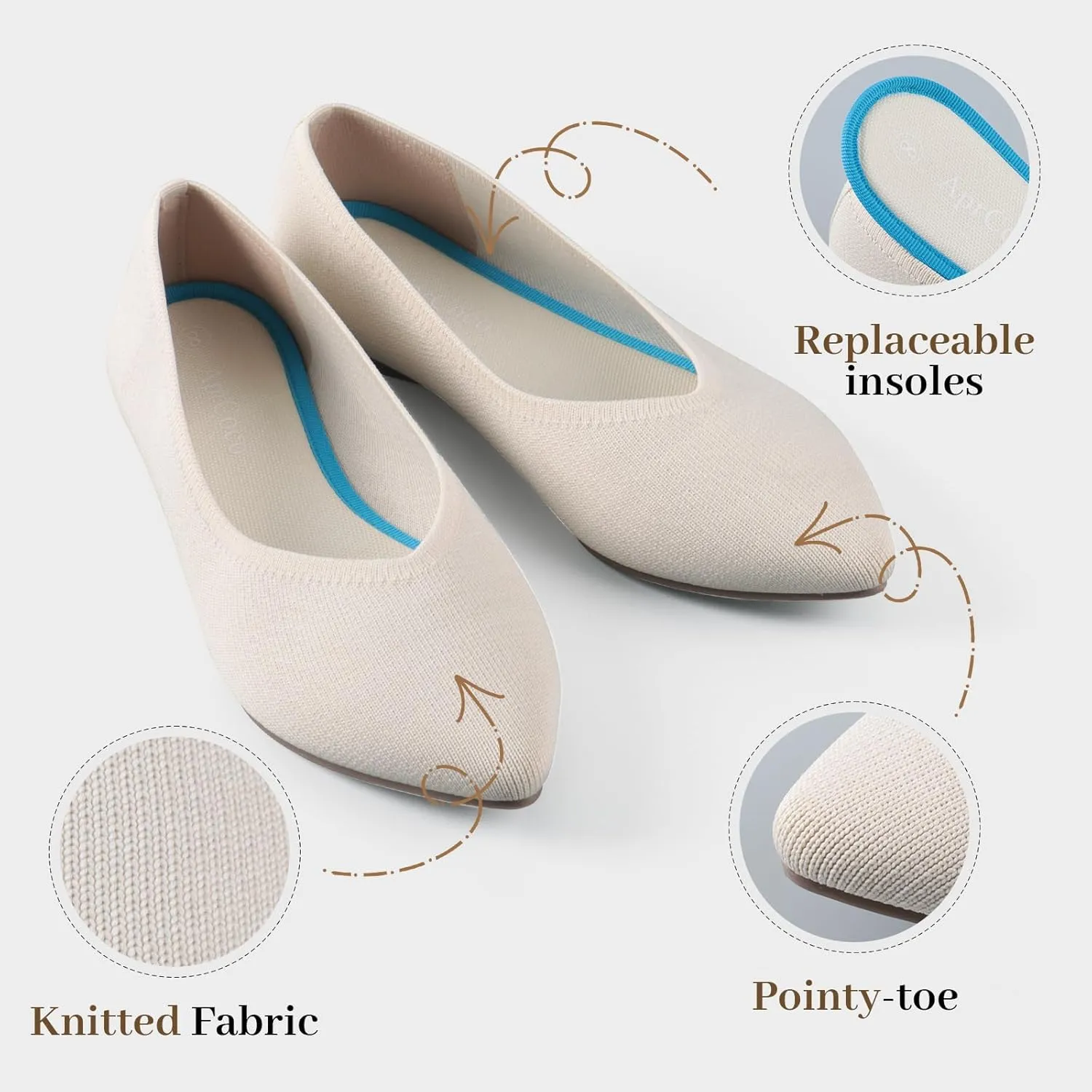 Womens Pointed Toe Flats Knit Dress Washable Flats Slip On Ballet Shoes Women Comfort Office Low Wedge