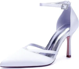 Womens Pumps for Bride Shoes Closed Toe Stiletto High Heels Wedding Pointed Toe Shoes Ankle Strap Satin Breathable Pointy Toe Sandals,White,9