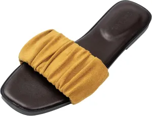 Women’s Ruched Fabric Slide Sandals Open Toe Flat Sandals with Heel Cushion