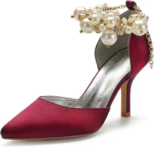 Women's Sandal 8CM High Heels Beaded Bowknot Strap Bridal Wedding Shoes Satin Stiletto Pump Elegant Formal Women's Sandal Pointed Toe,Wine red,4