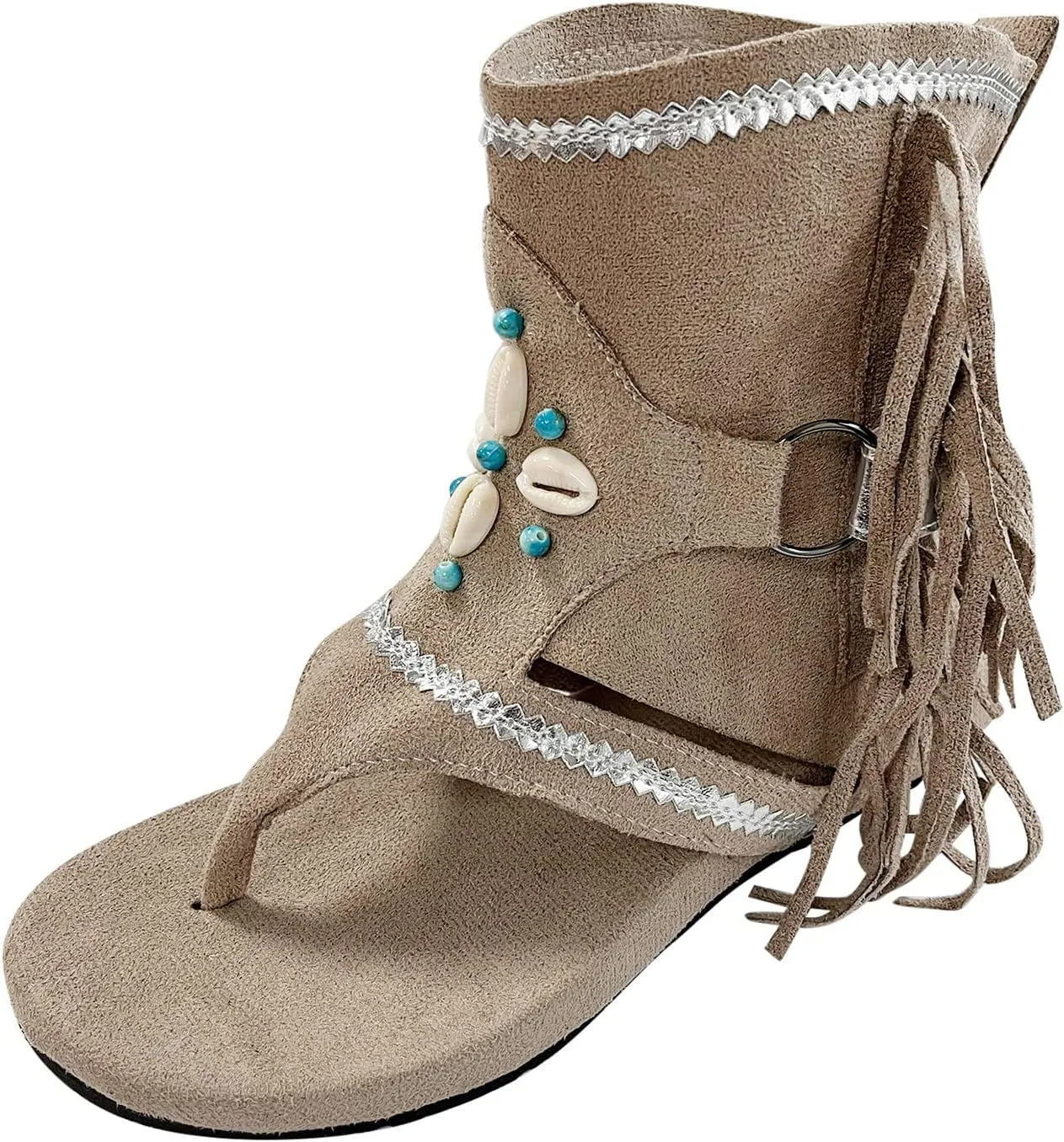 Women'S Sandals Tassel Ankle Boots, Retro Bohemian Sandals Beach Travel Shoes Clip Toe Flip Flops High Top Flat Casual Dressy Sandals