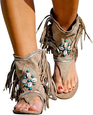 Women'S Sandals Tassel Ankle Boots, Retro Bohemian Sandals Beach Travel Shoes Clip Toe Flip Flops High Top Flat Casual Dressy Sandals