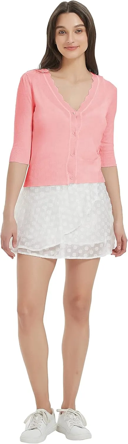 Women's Short Sleeve Cropped Cardigan Button Down Sweater Lightweight Knit Shrugs