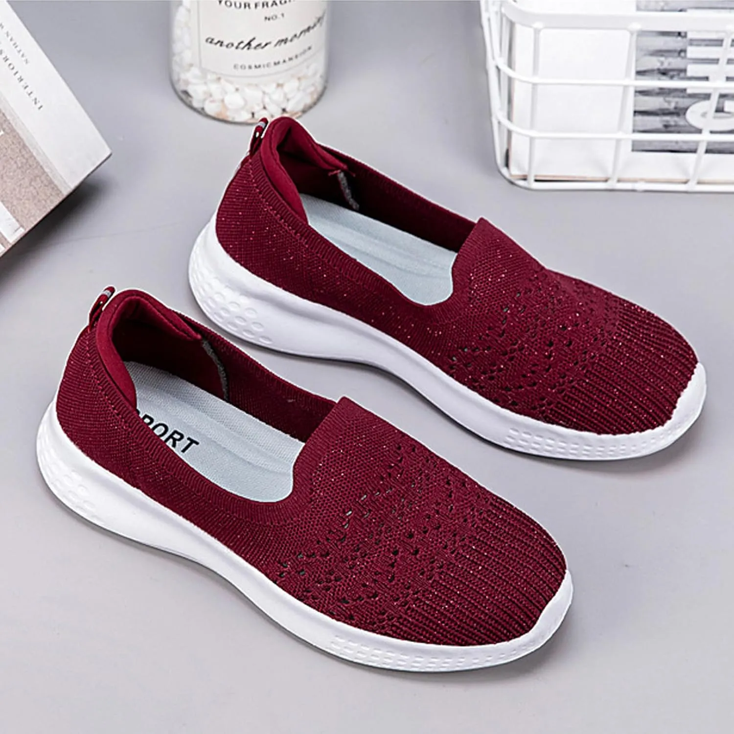 Women's Slip On Mesh Knit Flat Soft Sole Walking Shoes,Summer Non-Slip Breathable Athletic Comfortable Work Memory Foam Lightweight Flat Loafer Nurse Mom Shoes Sneakers