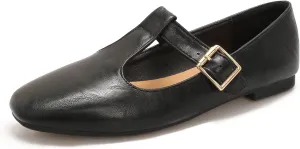 Women's Slip On T-Strap Mary Jane Flats Low Chunky Heel Comfy PU Round Toe Flat Shoes for Women Work Dressy Closed Toe Adjustable Strap Ballet Flats