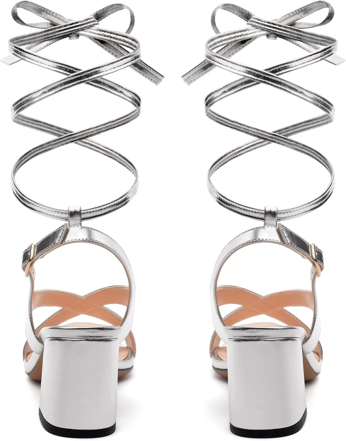 Womens Square Toe Lace up Sandals, Criss-cross Straps Low Block Heel Sandals, Open Toe Slingback Sandals with Buckle for Women, Metallic Dress Shoes 2.5"
