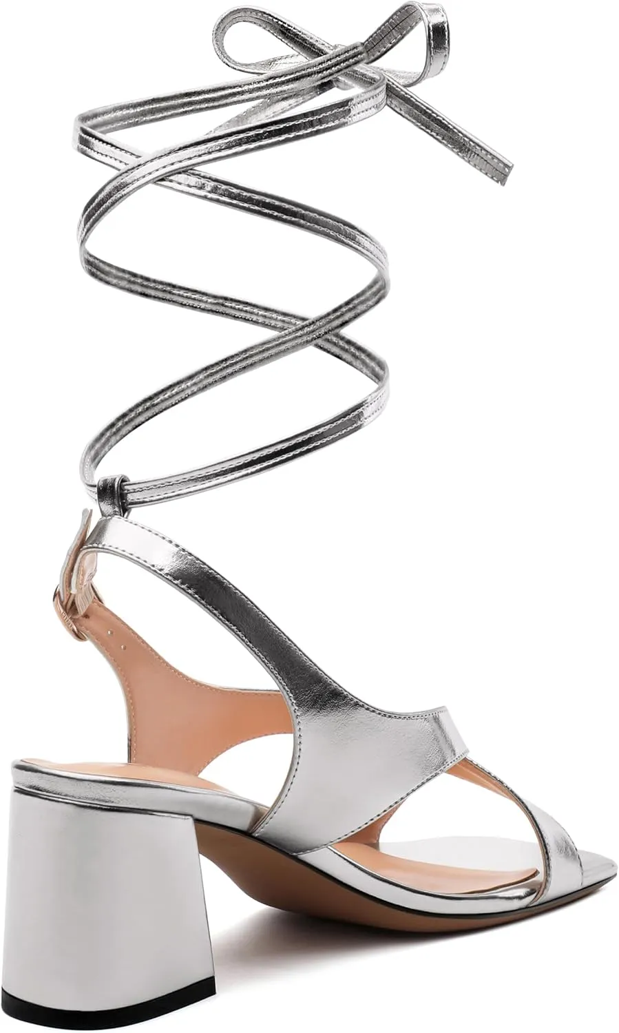 Womens Square Toe Lace up Sandals, Criss-cross Straps Low Block Heel Sandals, Open Toe Slingback Sandals with Buckle for Women, Metallic Dress Shoes 2.5"