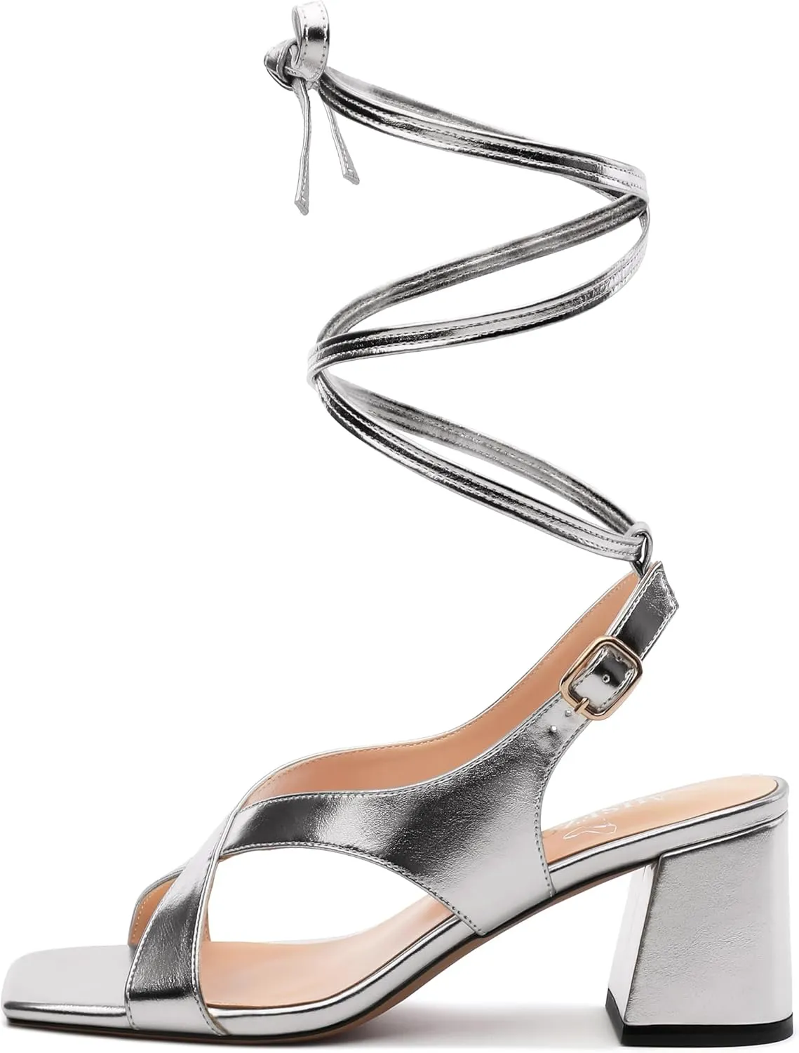 Womens Square Toe Lace up Sandals, Criss-cross Straps Low Block Heel Sandals, Open Toe Slingback Sandals with Buckle for Women, Metallic Dress Shoes 2.5"