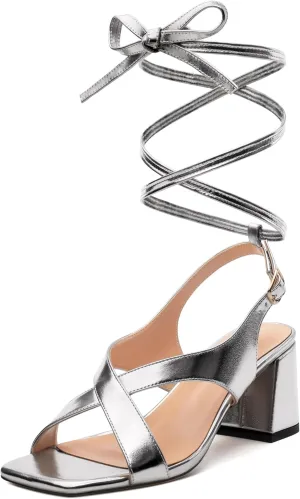 Womens Square Toe Lace up Sandals, Criss-cross Straps Low Block Heel Sandals, Open Toe Slingback Sandals with Buckle for Women, Metallic Dress Shoes 2.5"
