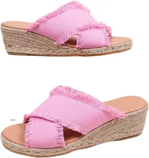 Women's Straw Wedge Sandals Fashion Cross Canvas Slip-on Slipper Hemp Rope Platform Summer Beach Shoes Ladies Comfy Non-Slip Lightweight Sandals