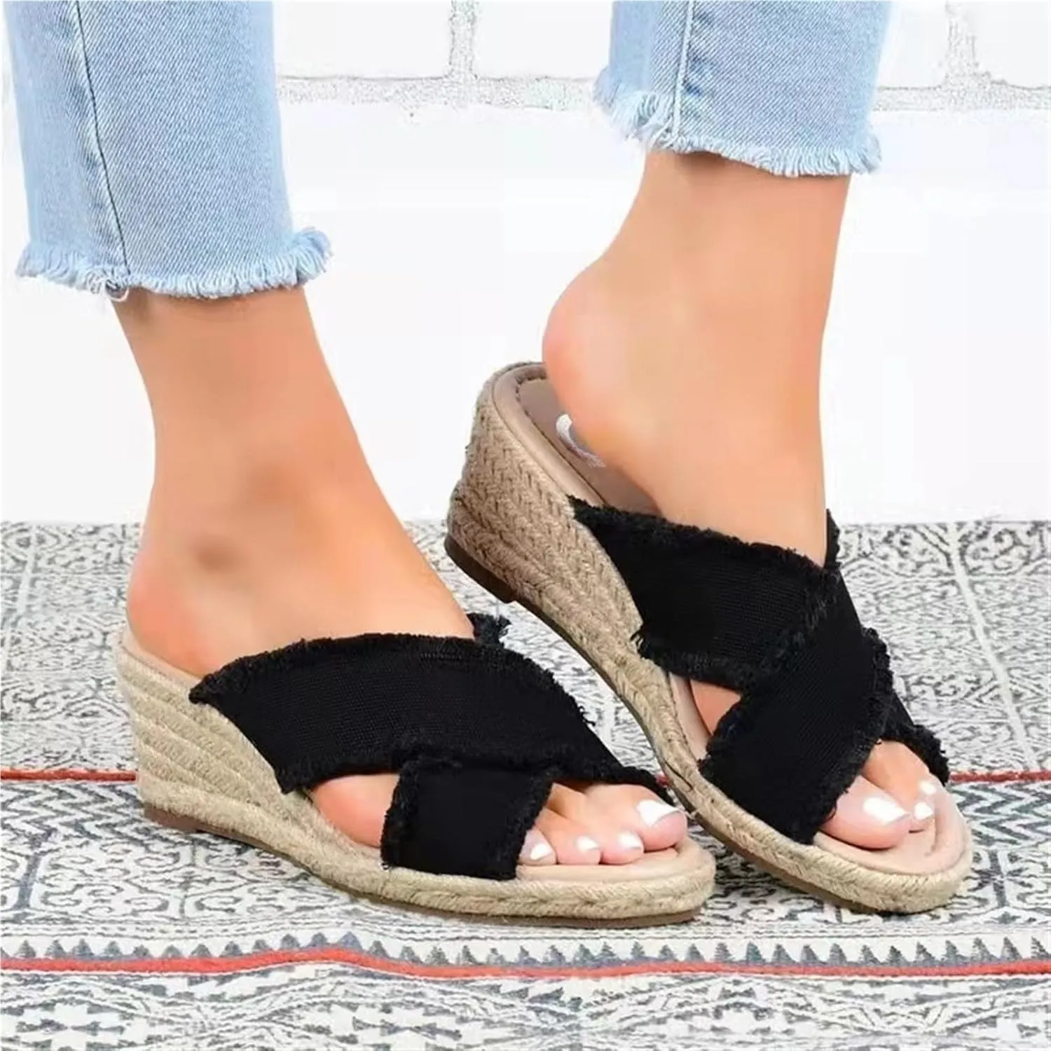 Women's Straw Wedge Sandals Fashion Cross Canvas Slip-on Slipper Hemp Rope Platform Summer Beach Shoes Ladies Comfy Non-Slip Lightweight Sandals