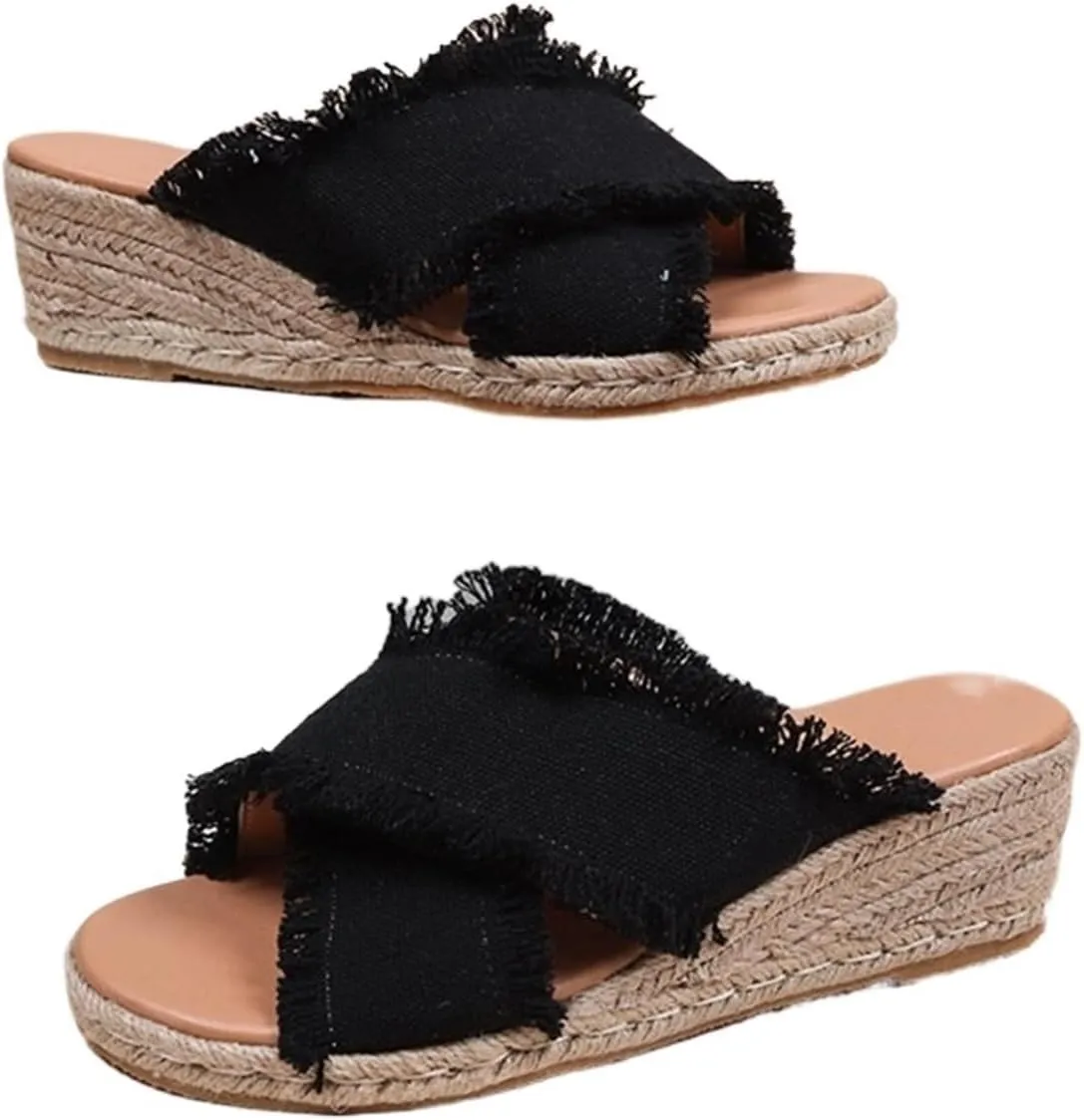 Women's Straw Wedge Sandals Fashion Cross Canvas Slip-on Slipper Hemp Rope Platform Summer Beach Shoes Ladies Comfy Non-Slip Lightweight Sandals