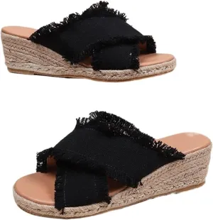 Women's Straw Wedge Sandals Fashion Cross Canvas Slip-on Slipper Hemp Rope Platform Summer Beach Shoes Ladies Comfy Non-Slip Lightweight Sandals
