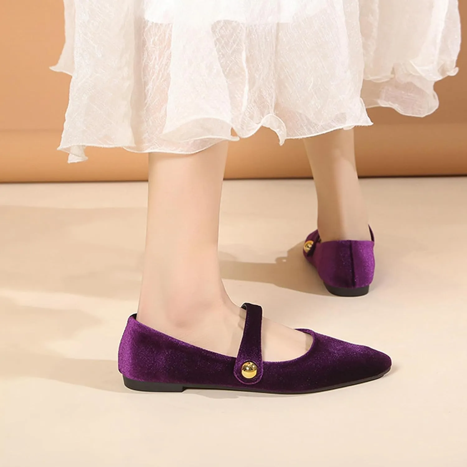 Women's Suede Pointed Toe Flat Mary Jane Shoes Fashion Buckle Strap Ballet Dance Shoes Retro Soft Comfortable Slip On Casual Walking Flats