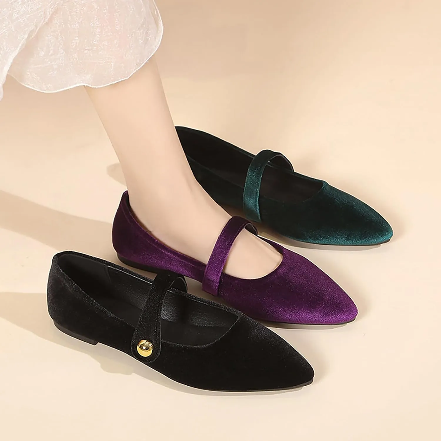 Women's Suede Pointed Toe Flat Mary Jane Shoes Fashion Buckle Strap Ballet Dance Shoes Retro Soft Comfortable Slip On Casual Walking Flats