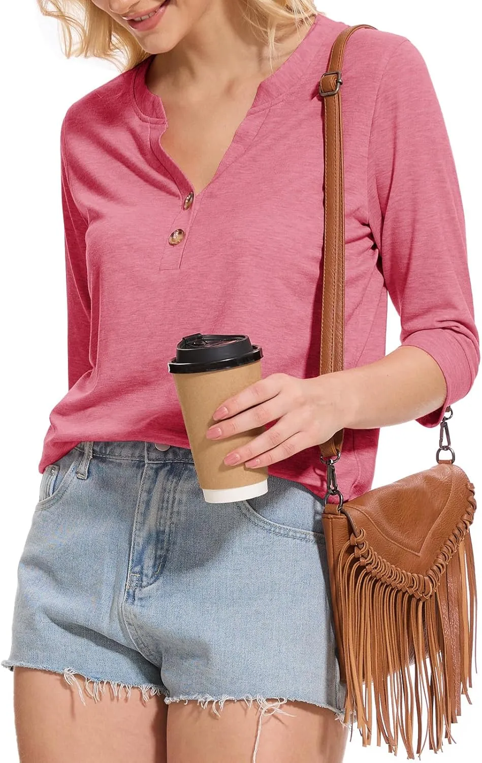 Womens Tops 3/4 Sleeve V Neck Button Down Shirts Business Casual Outfit Basic Tees Summer Top 2025