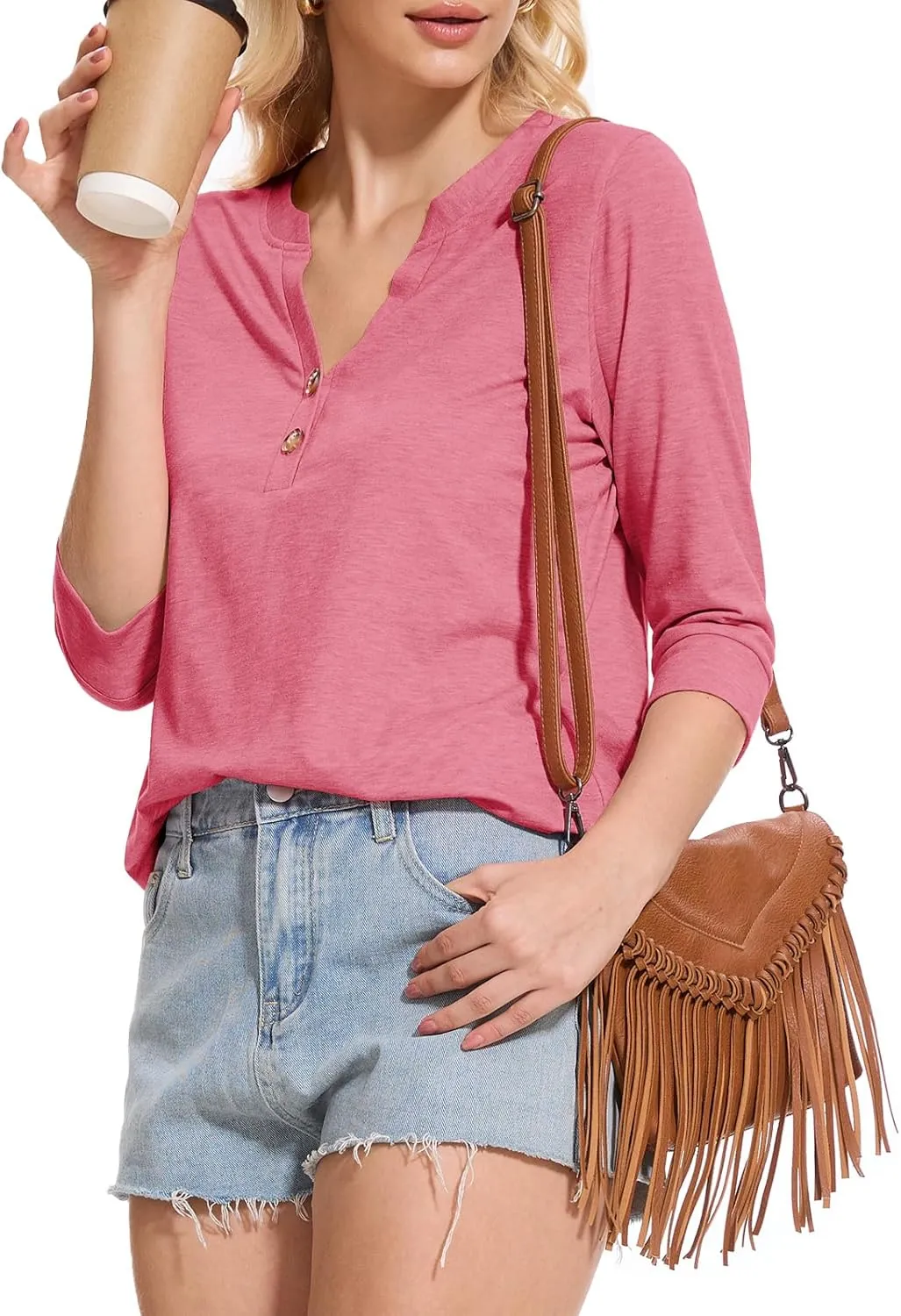 Womens Tops 3/4 Sleeve V Neck Button Down Shirts Business Casual Outfit Basic Tees Summer Top 2025