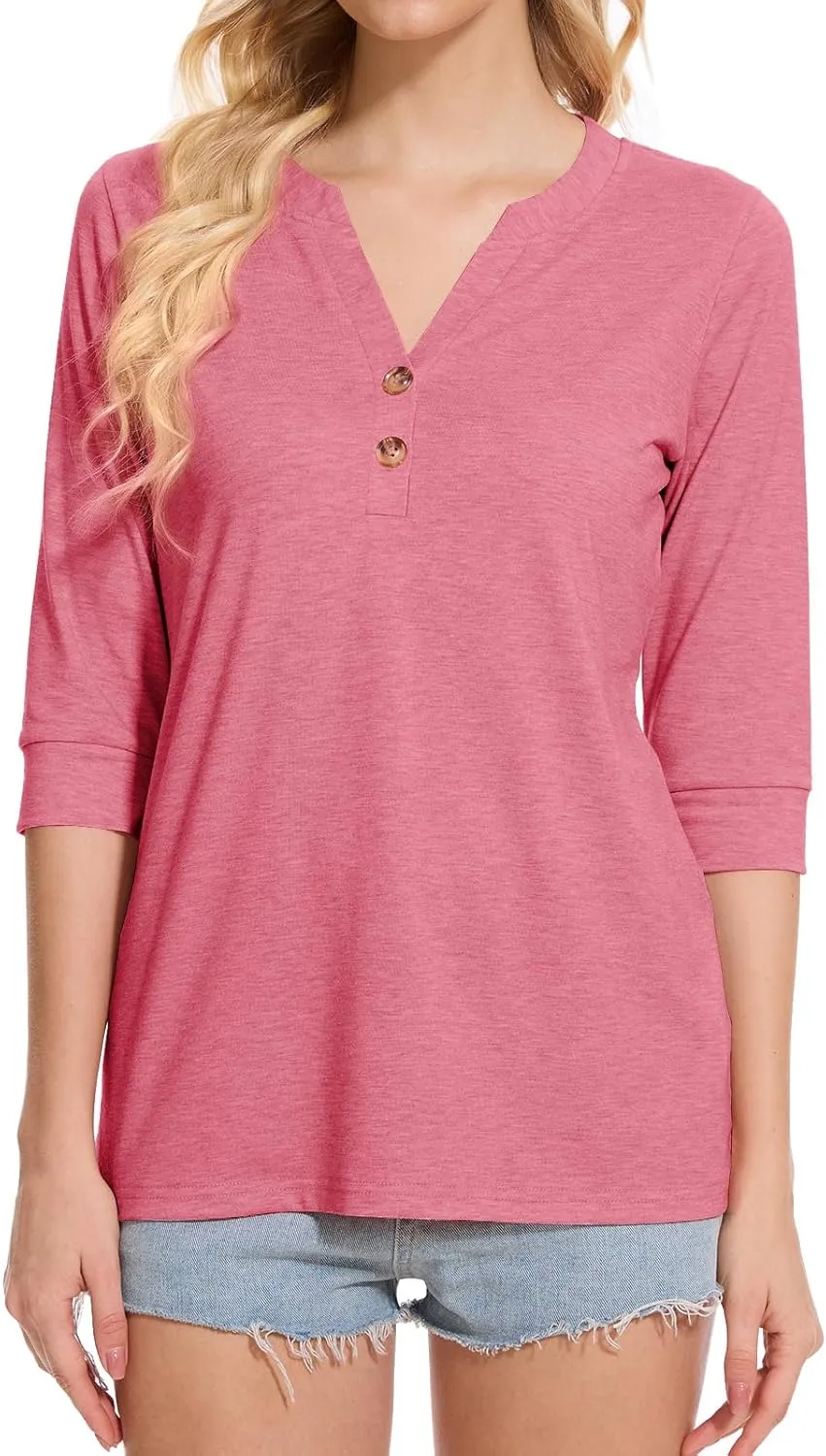 Womens Tops 3/4 Sleeve V Neck Button Down Shirts Business Casual Outfit Basic Tees Summer Top 2025