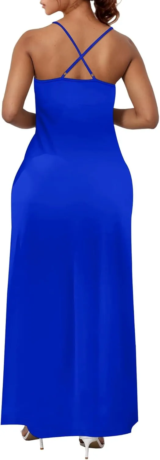 Womens V Neck Casual Outfits Long Flowy Solid Color Maxi Dresses Vacation Beach Cover ups Wedding Guests Sun Dress