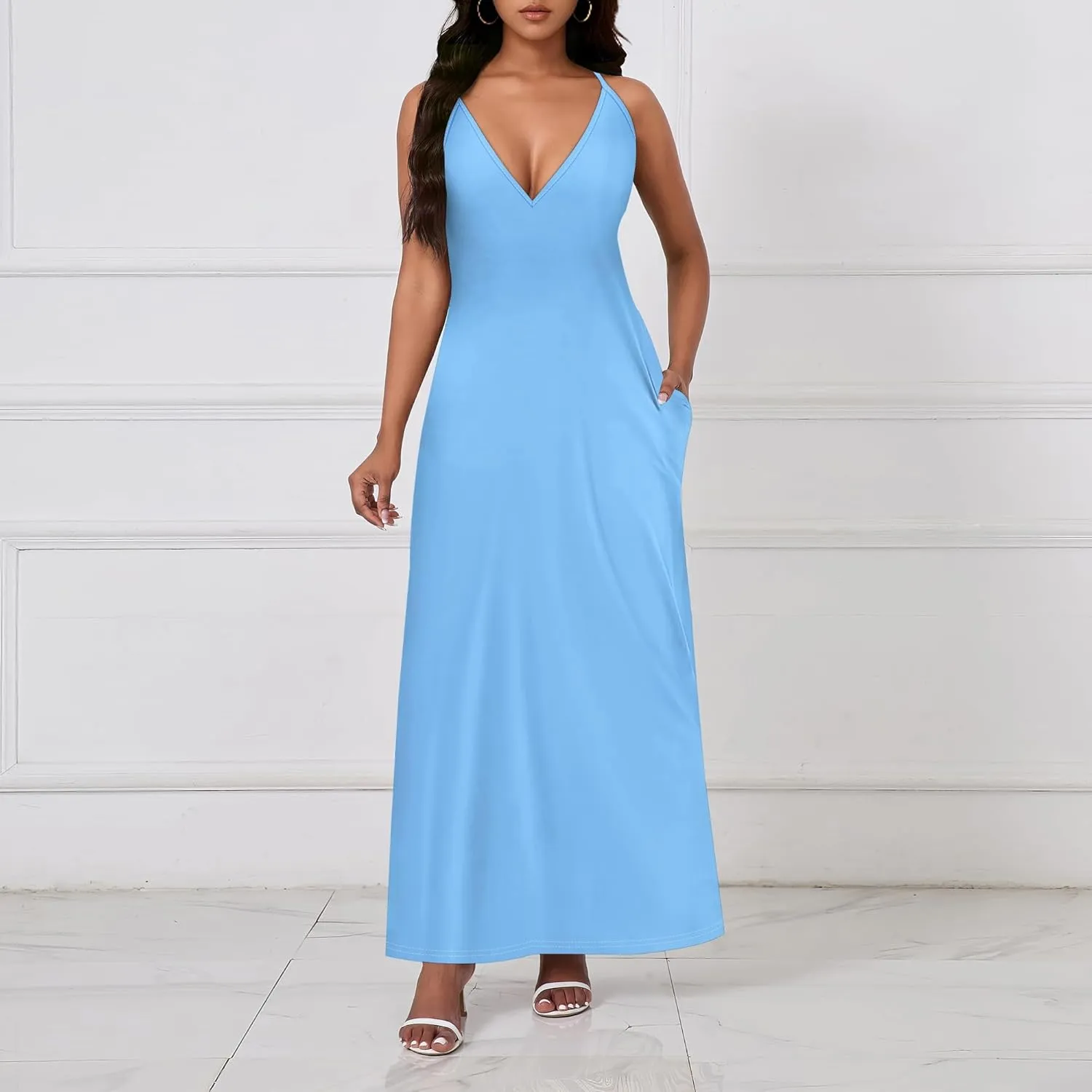 Womens V Neck Casual Outfits Long Flowy Solid Color Maxi Dresses Vacation Beach Cover ups Wedding Guests Sun Dress