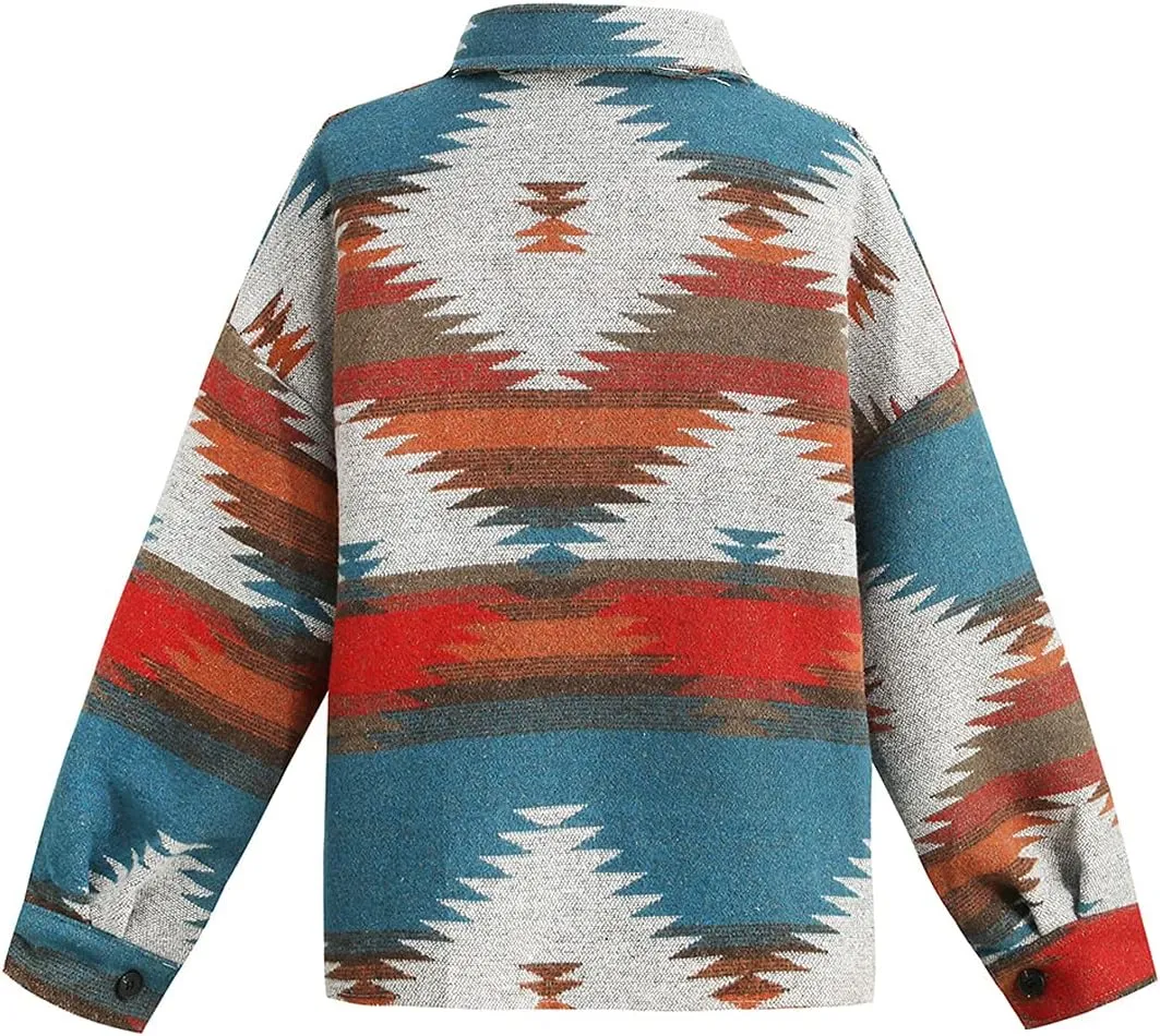 Women's Vintage Aztec Print Pattern Loose Shacket Button Down Long Sleeve Woolen Jacket Shirts Coat
