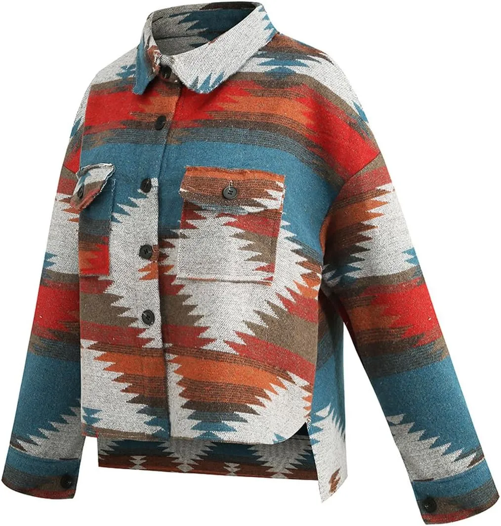 Women's Vintage Aztec Print Pattern Loose Shacket Button Down Long Sleeve Woolen Jacket Shirts Coat