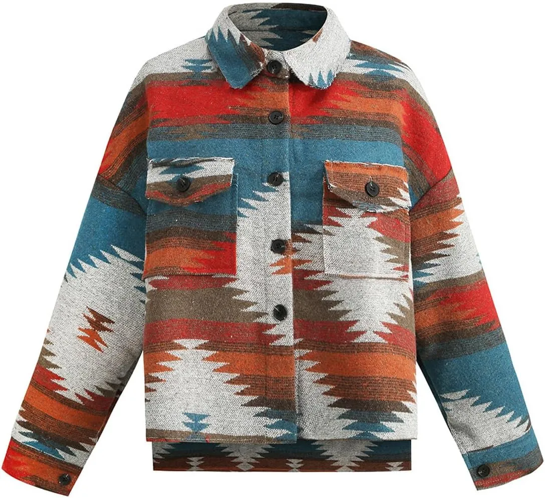 Women's Vintage Aztec Print Pattern Loose Shacket Button Down Long Sleeve Woolen Jacket Shirts Coat