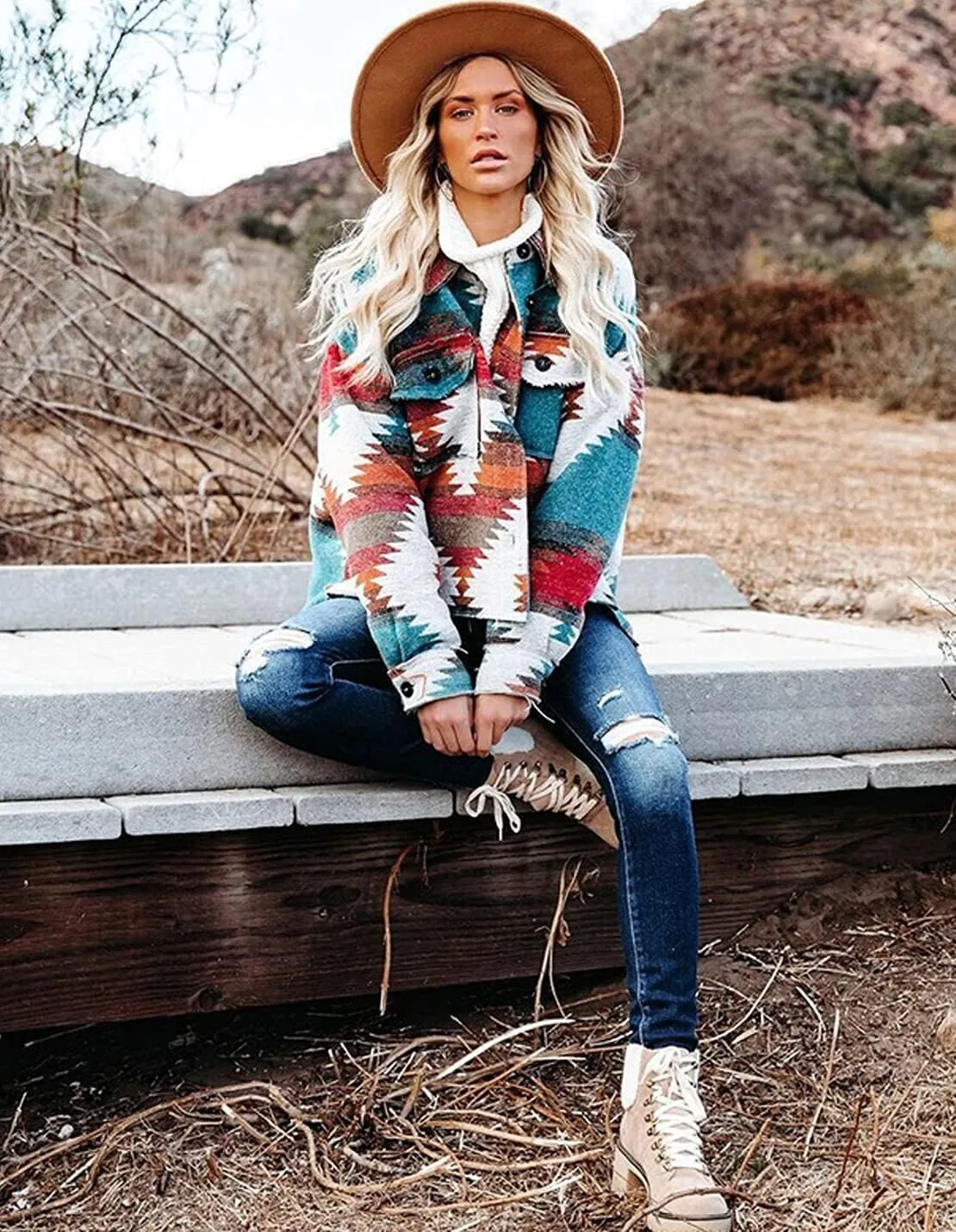 Women's Vintage Aztec Print Pattern Loose Shacket Button Down Long Sleeve Woolen Jacket Shirts Coat