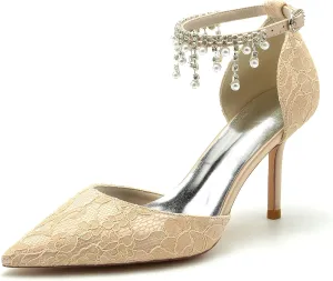 Women's Wedding Bridal Sandals Lace Wedding Shoes Pointed Toe High Heels Stiletto Heeled Closed Toe Pumps Ankle Strap with Beaded Pearl Wedding Dress Shoes