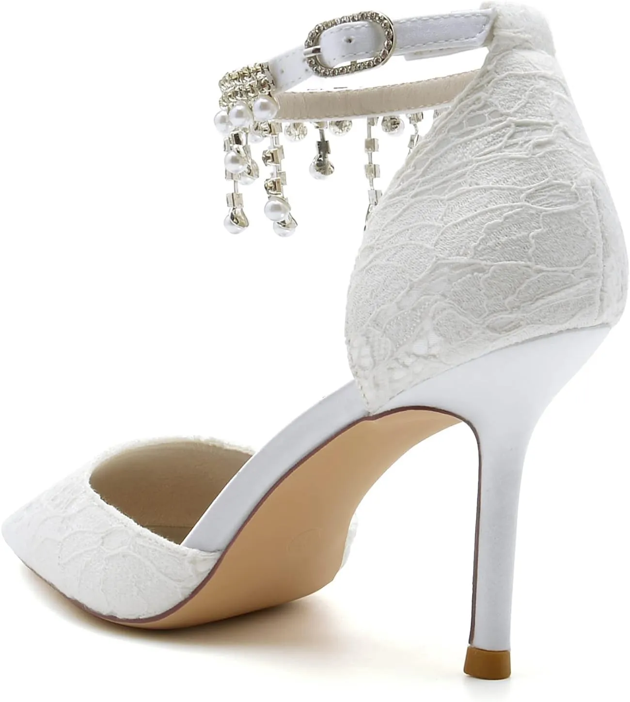 Women's Wedding Bridal Sandals Lace Wedding Shoes Pointed Toe High Heels Stiletto Heeled Closed Toe Pumps Ankle Strap with Beaded Pearl Wedding Dress Shoes