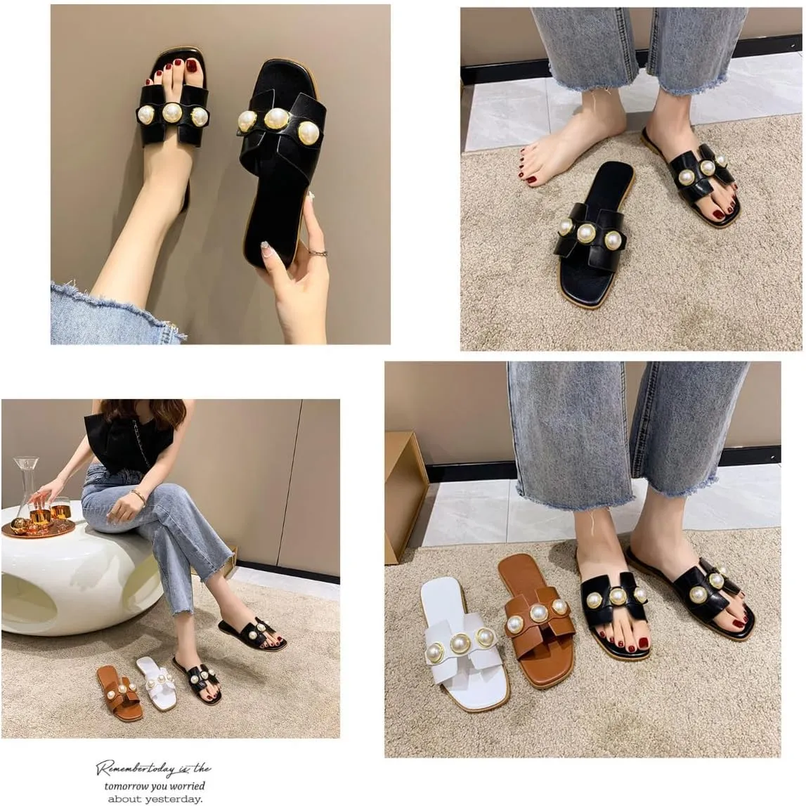 Women's White Flat Sandals with Pearl Open Toe Non-Slip Slippers Fashion Slides for Summer