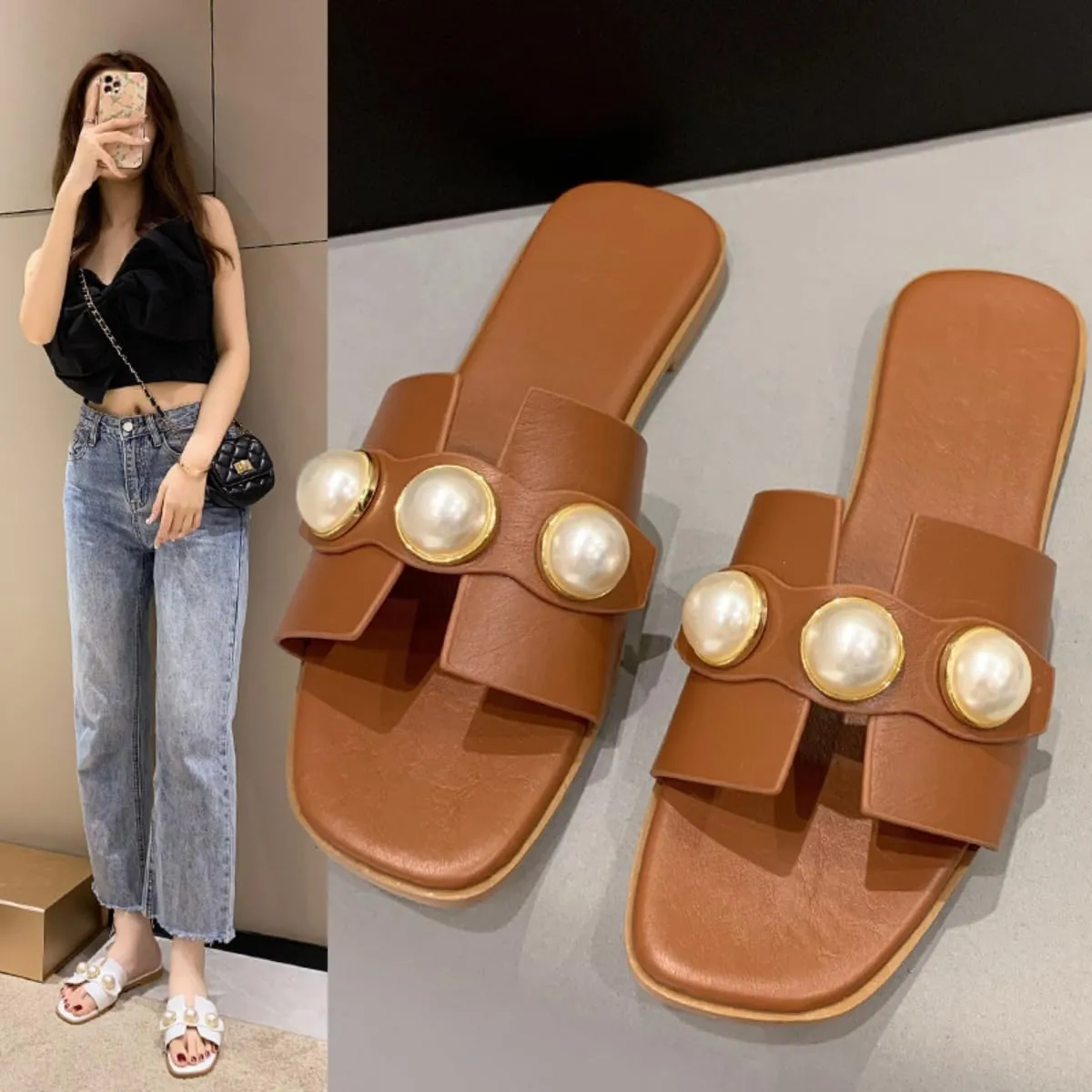 Women's White Flat Sandals with Pearl Open Toe Non-Slip Slippers Fashion Slides for Summer