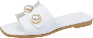 Women's White Flat Sandals with Pearl Open Toe Non-Slip Slippers Fashion Slides for Summer