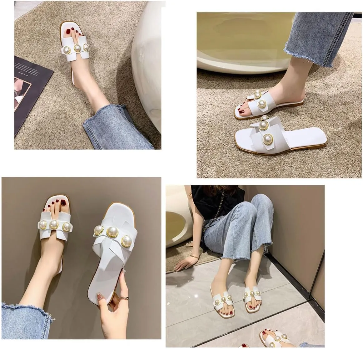 Women's White Flat Sandals with Pearl Open Toe Non-Slip Slippers Fashion Slides for Summer