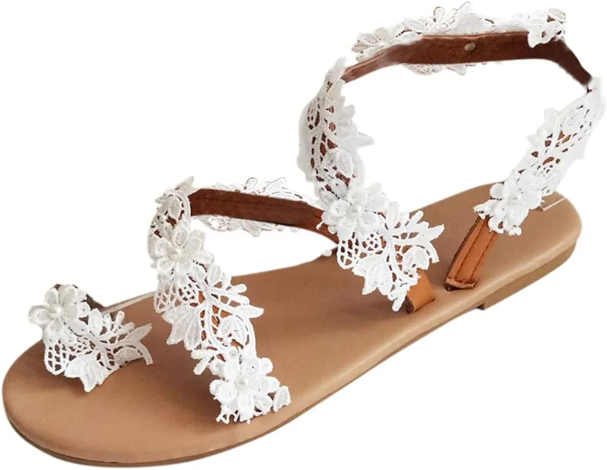 Women's White Flowers Lace Sandals Flat Clip Toe Boho Pearls & Floral Wedding Sandals for Bride Comfy Dress Toe Ring Roman Sandals