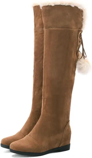 Women's Zip Up Snow Boots, Round Toe Lace Up Low Heel Over The Knee Boots Plush Warm Lining Long Boots Raw Edge Fitted Large Size Fashionable Boots