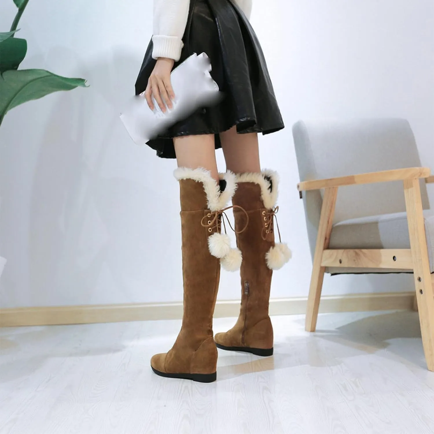 Women's Zip Up Snow Boots, Round Toe Lace Up Low Heel Over The Knee Boots Plush Warm Lining Long Boots Raw Edge Fitted Large Size Fashionable Boots