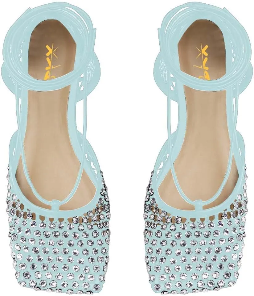 XYD Women Closed Square Toe Studded Flats Sandals Mesh D'Orsay Ankle Strap Slip On Prom Dance Ballroom Dress Shoes