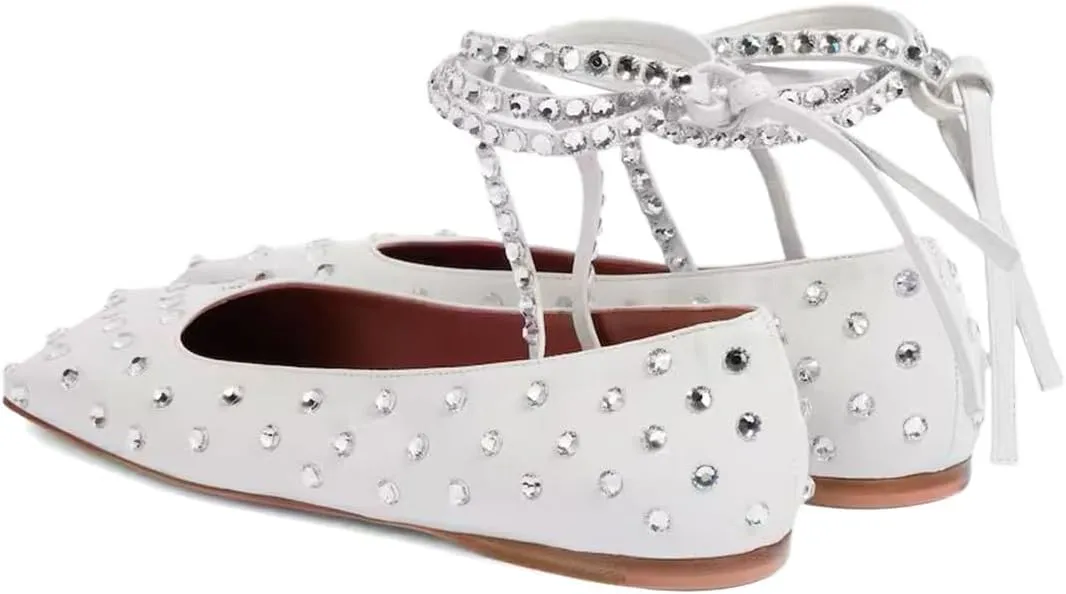 XYD Women Crystal Lace Up Flats Fashion Square Closed Toe Ankle Strappy Ballet Party Dating Shoes