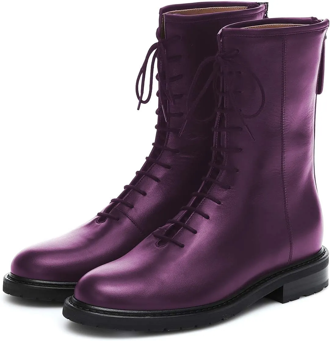 XYD Women Girls Combat Boots Lug Sole Stacked Chunky Heel Front Lace Up Back Zipper Flat Ankle Booties Fashion Walking Daily Shoes
