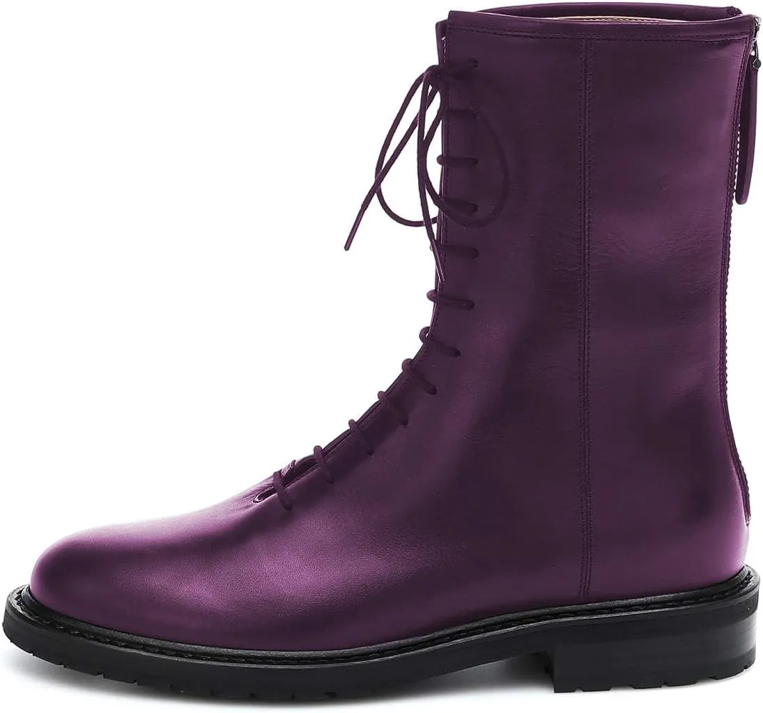 XYD Women Girls Combat Boots Lug Sole Stacked Chunky Heel Front Lace Up Back Zipper Flat Ankle Booties Fashion Walking Daily Shoes