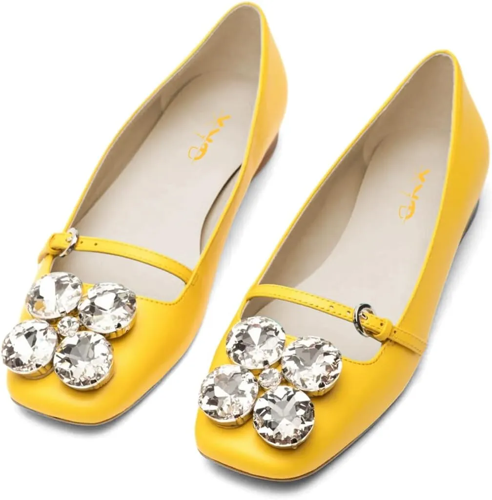 XYD Women Square Toe Mary Jane Flats Dazzled Rhinestones Crystals Buckled Slender Strap Casual Dressy Shoes