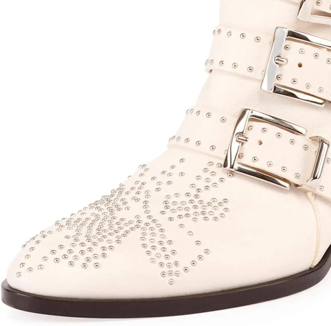 YDN Fashion Straps with Buckle Rivets Studded Flower Pattern Boots Pointed Toe Low Chunky Heels Ankle Zipper Closure Booties for Women Winter Size 4-15 US