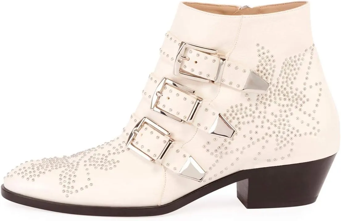 YDN Fashion Straps with Buckle Rivets Studded Flower Pattern Boots Pointed Toe Low Chunky Heels Ankle Zipper Closure Booties for Women Winter Size 4-15 US