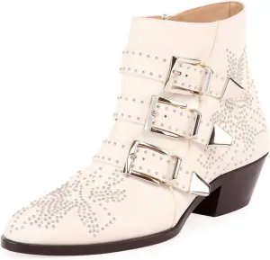 YDN Fashion Straps with Buckle Rivets Studded Flower Pattern Boots Pointed Toe Low Chunky Heels Ankle Zipper Closure Booties for Women Winter Size 4-15 US