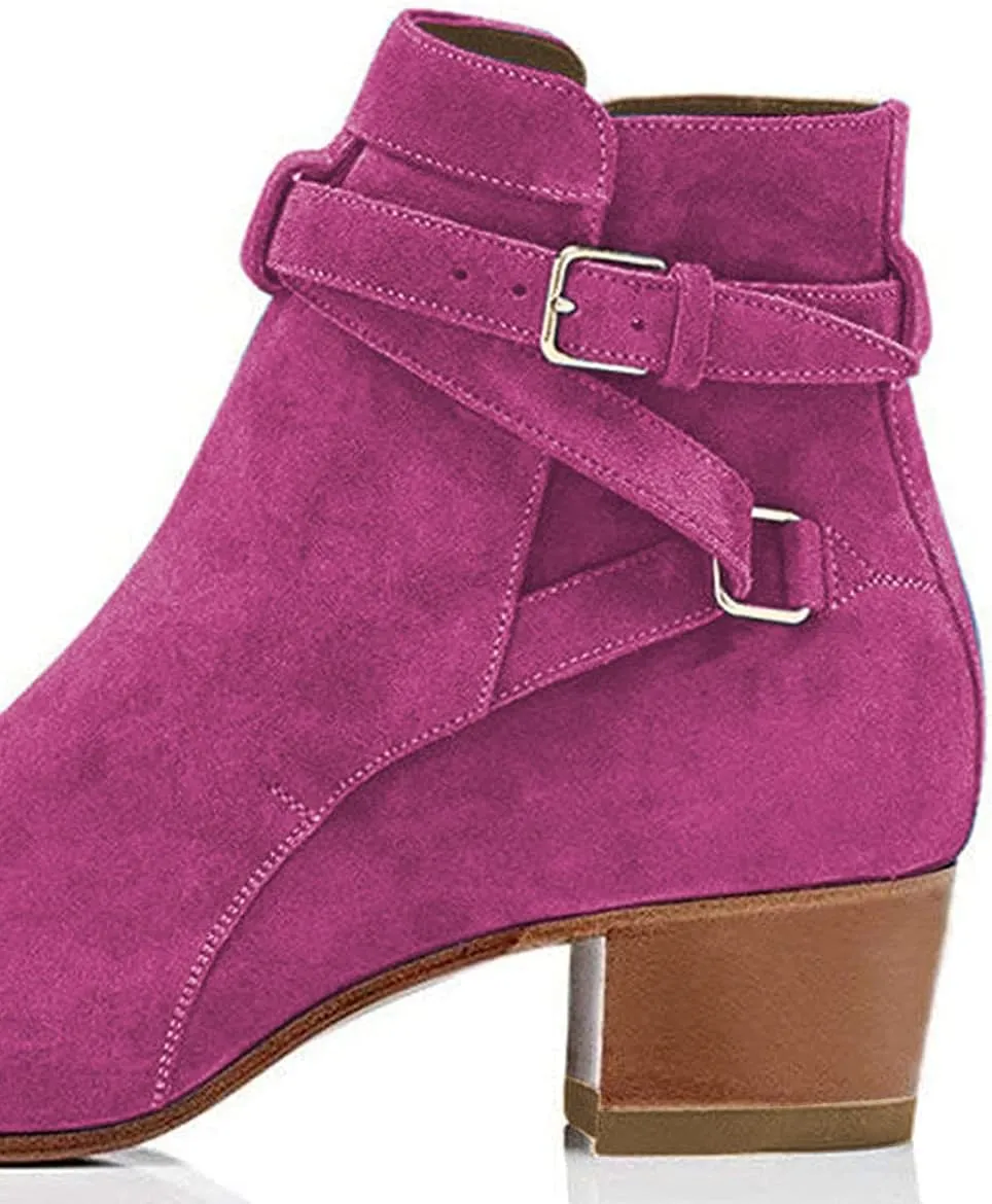 YDN Women Block Low Heel Suede Cowgirl Boots Pull on Ankle Bootie with Buckle